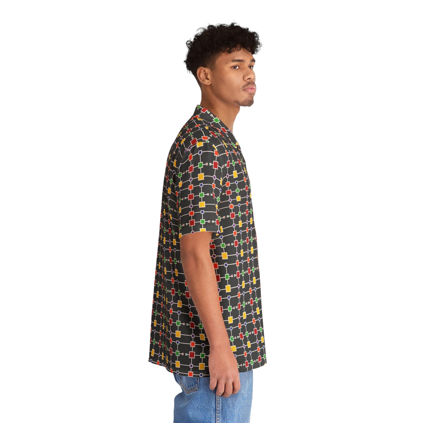 Geometric White Grid with Squares - Black 000000 - Men's Hawaiian Shirt (AOP)