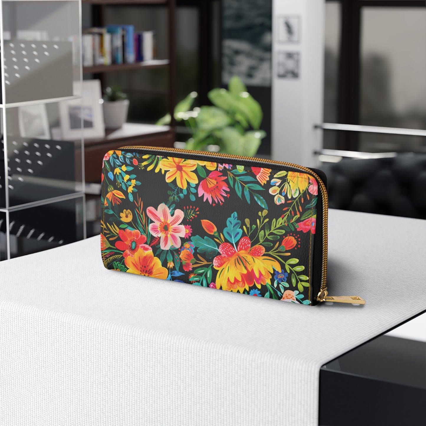 Bright Bold Watercolor Flowers - Black 000000 - Zipper Wallet