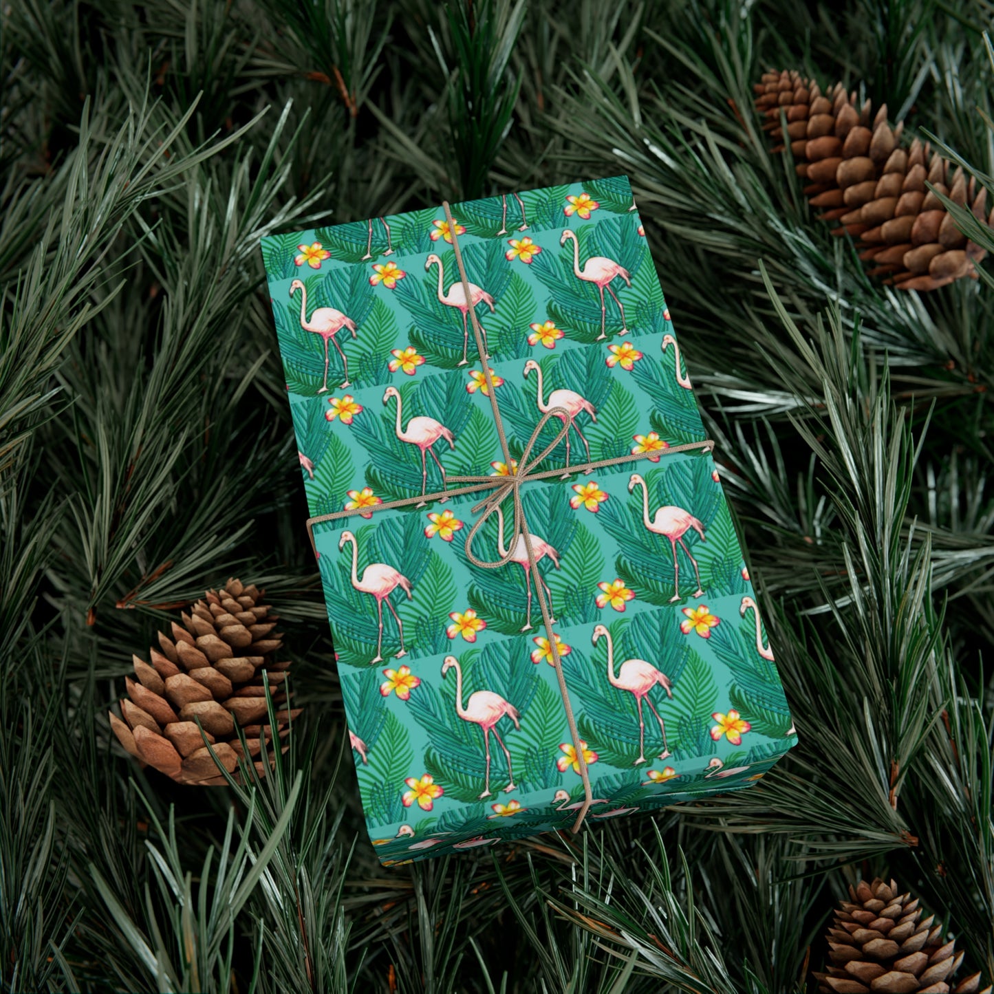 Gift Wrap Papers - Flamingo in Palms and Plumeria Tropical pattern - Turquoise