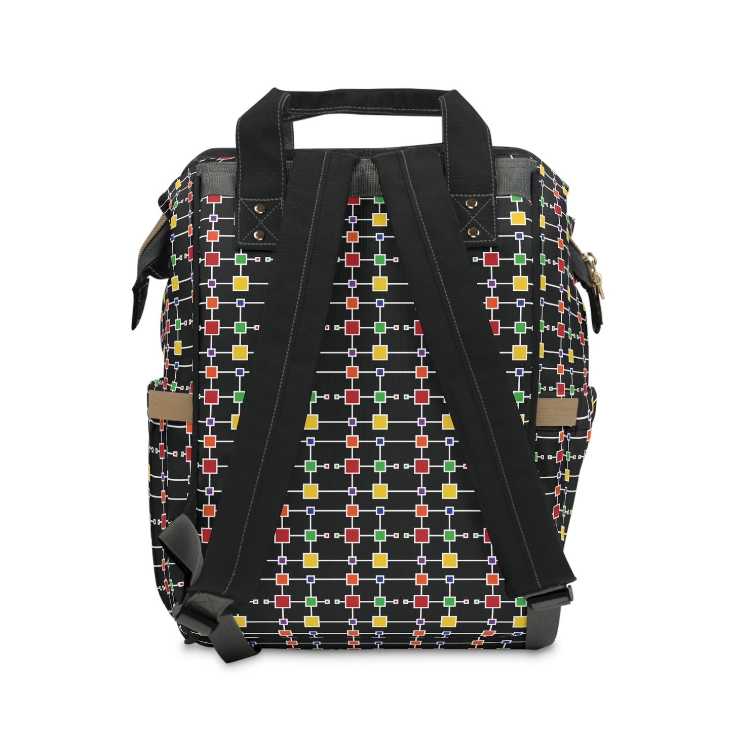 Geometric White Grid with Squares - Black 000000 - Multifunctional Diaper Backpack