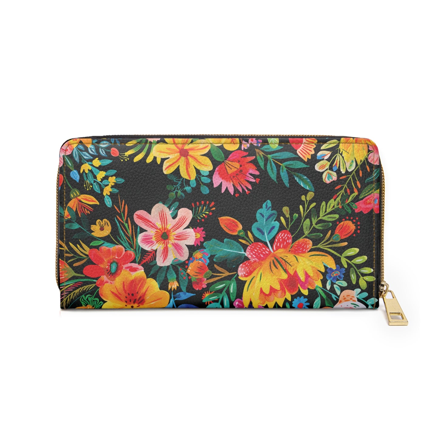 Bright Bold Watercolor Flowers - Black 000000 - Zipper Wallet