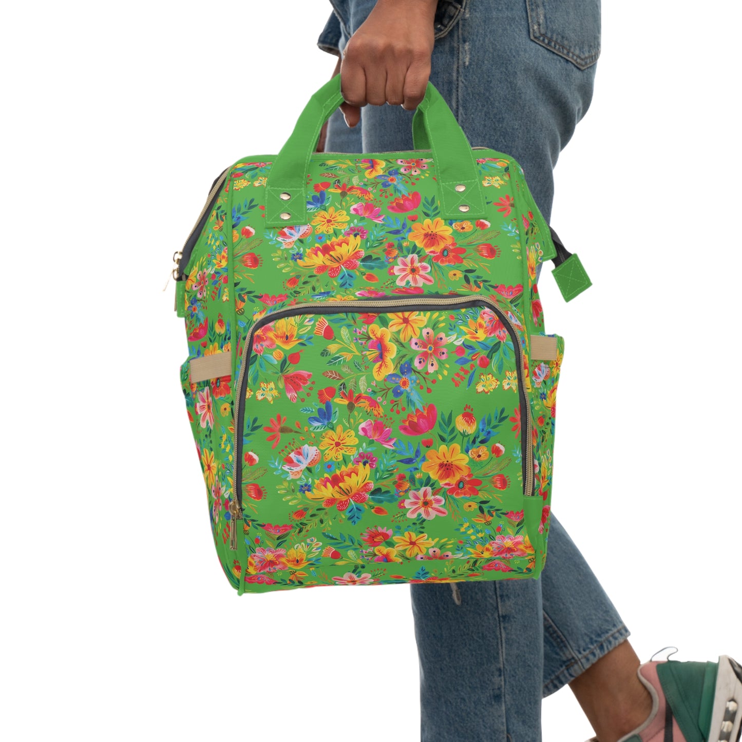 Bright Bold Watercolor Flowers - Bright Apple Green 56BD00  - Multifunctional Diaper Backpack