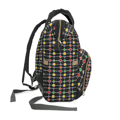 Geometric White Grid with Squares - Black 000000 - Multifunctional Diaper Backpack