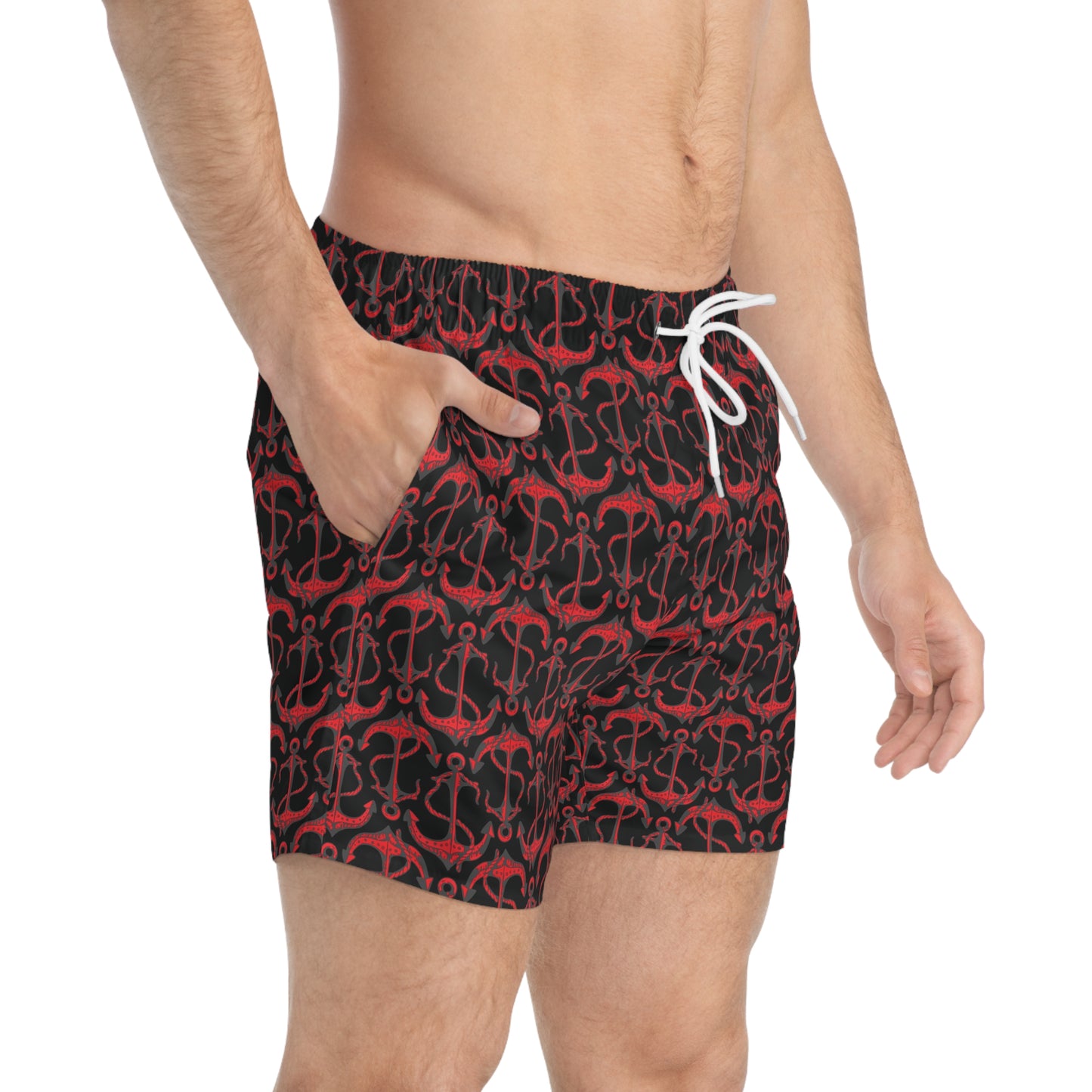 Anchors Away - Red - Black 000000 - Swim Trunks