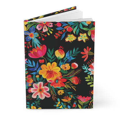 Bright Bold Watercolor Flowers - Black 000000 - Hardcover Journal Matte