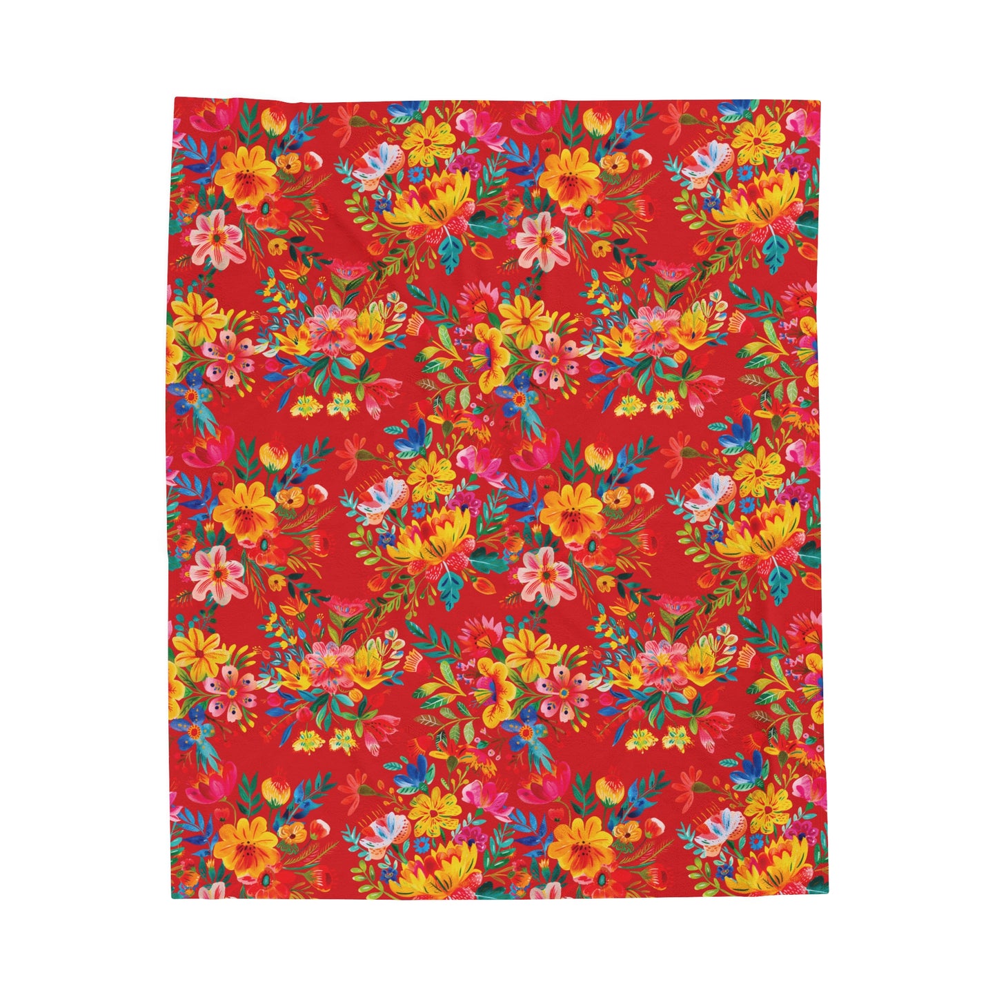 Velveteen Plush Blanket - Bright Bold Watercolor Flowers - Scarlet