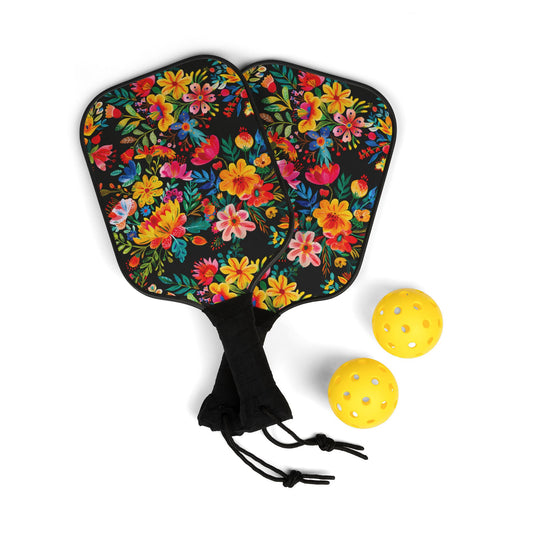 Bright Bold Watercolor Flowers - Black 000000 - Pickleball Kit