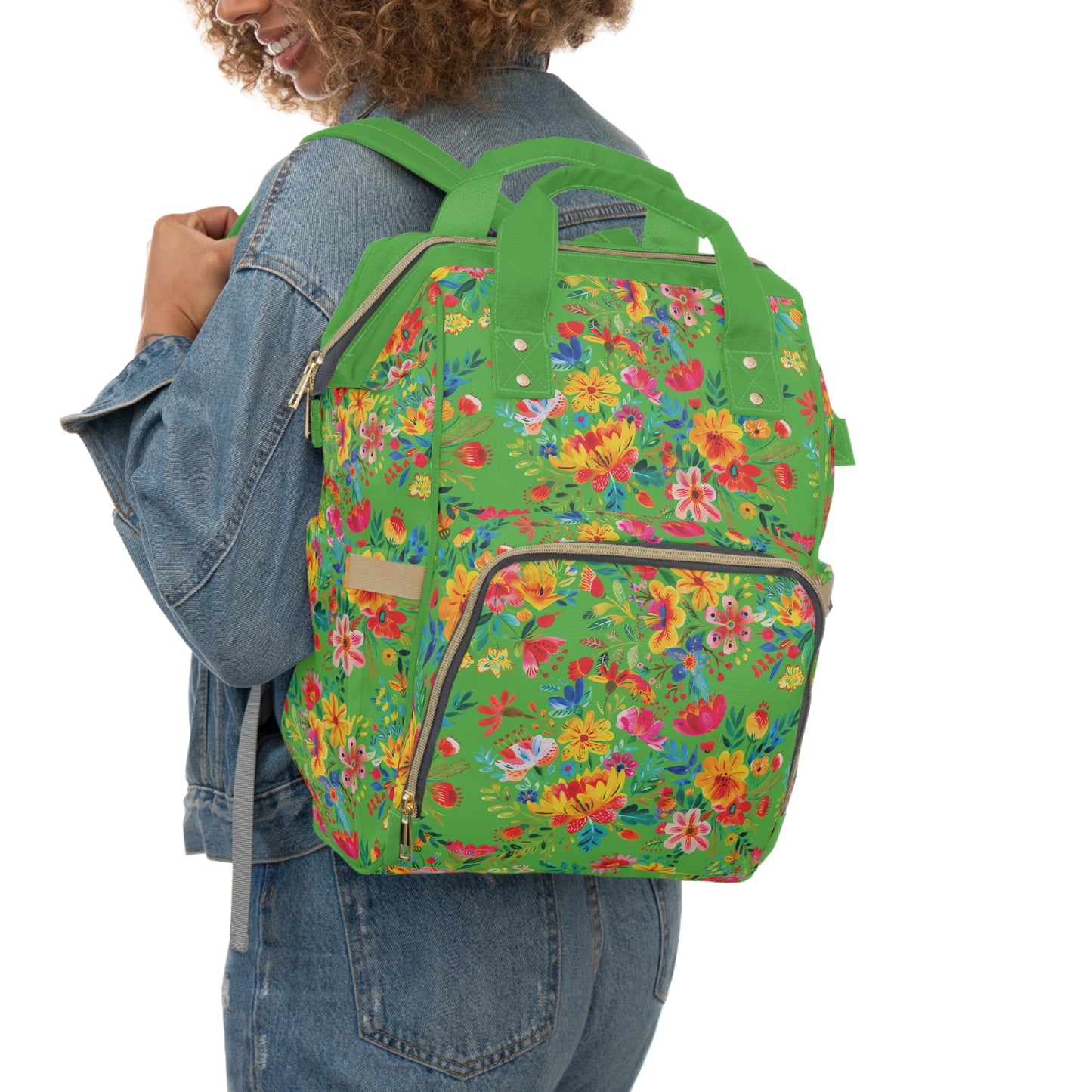 Bright Bold Watercolor Flowers - Bright Apple Green 56BD00  - Multifunctional Diaper Backpack