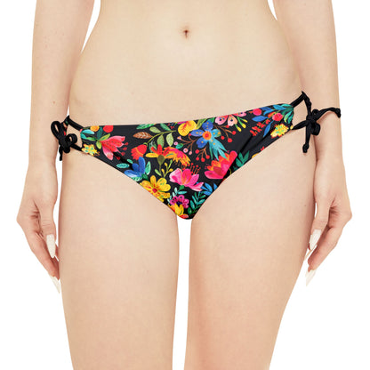 Bright Bold Watercolor Flowers - Black 000000 - Strappy Bikini Set