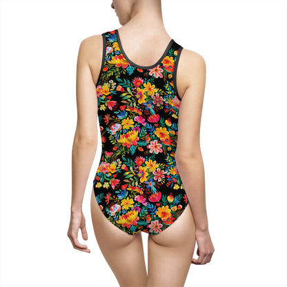 Bright Bold Watercolor Flowers - Black 000000 - Women's Classic One-Piece Swimsuit