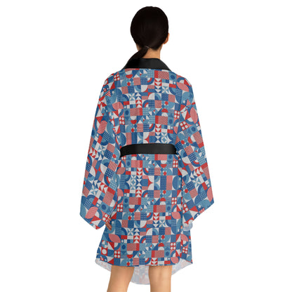 Red White and Blue Bold Pattern - Oil Paint Texture - Long Sleeve Kimono Robe (AOP)