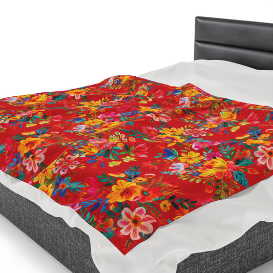 Velveteen Plush Blanket - Bright Bold Watercolor Flowers - Scarlet