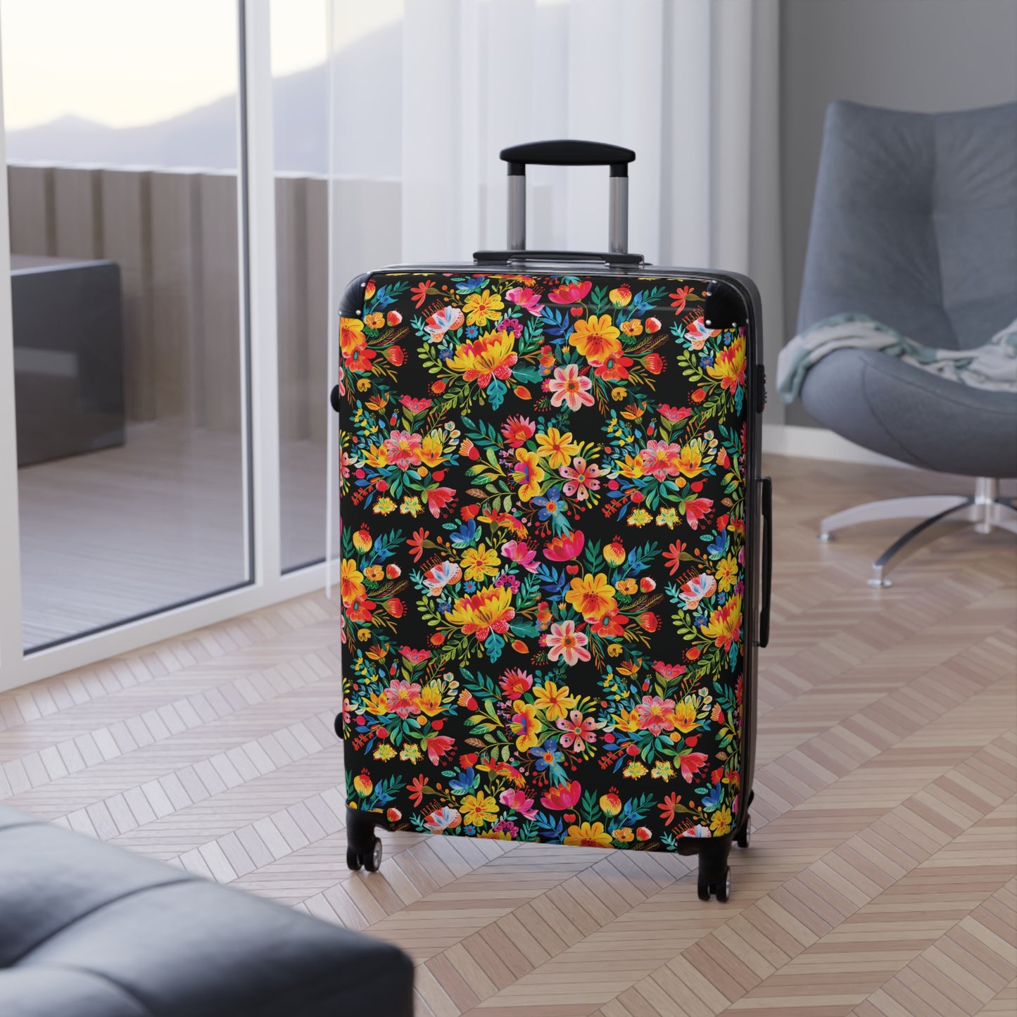 Bright Bold Watercolor Flowers - Black 000000 - Suitcase