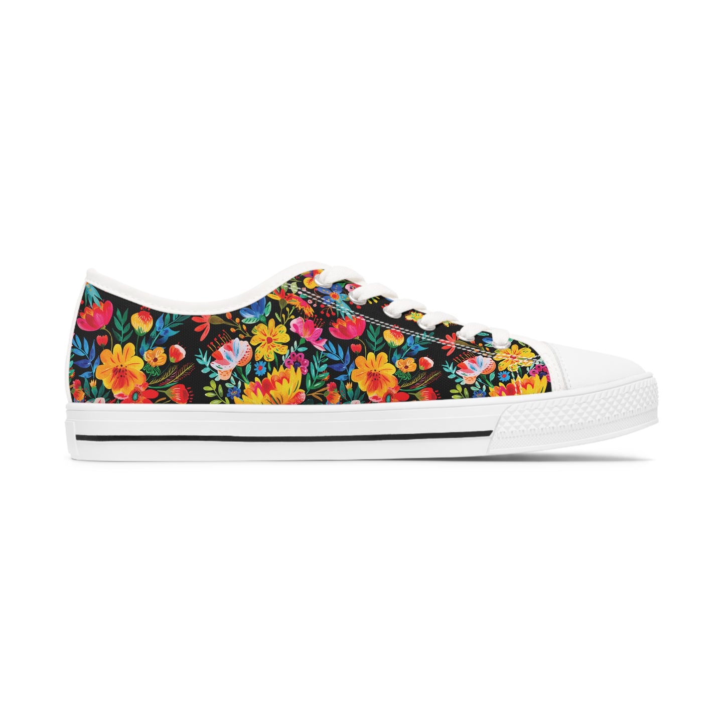 Bright Bold Watercolor Flowers - Black 000000 - Women's Low Top Sneakers