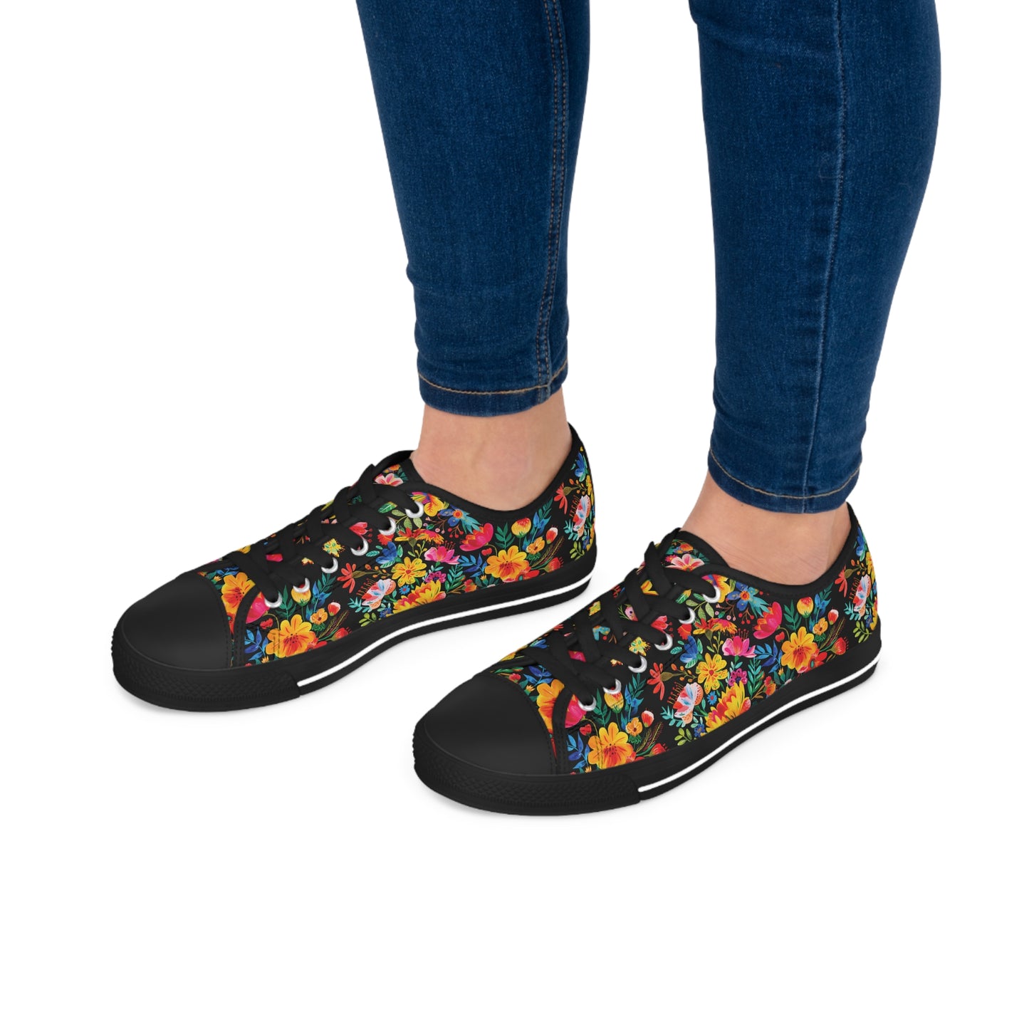 Bright Bold Watercolor Flowers - Black 000000 - Women's Low Top Sneakers