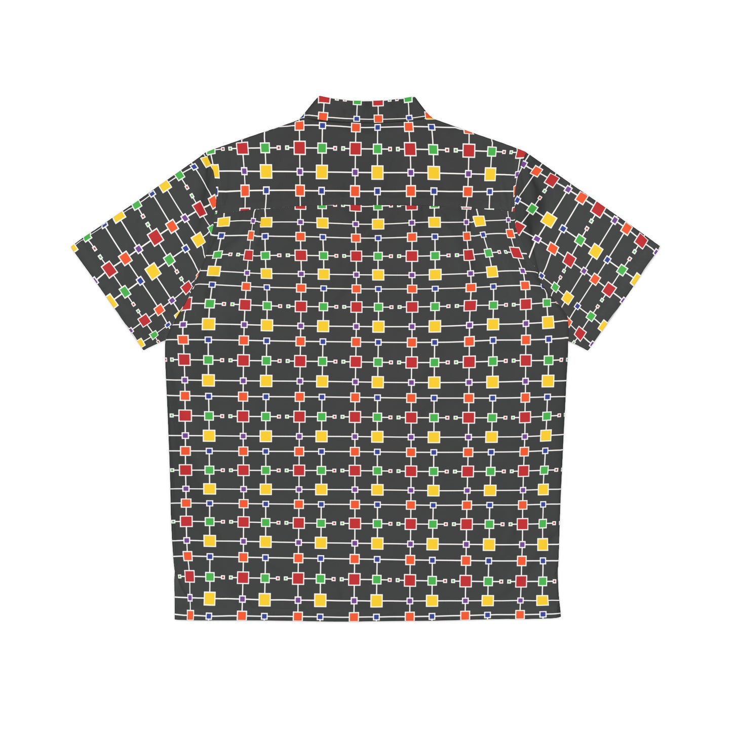 Geometric White Grid with Squares - Black 000000 - Men's Hawaiian Shirt (AOP)