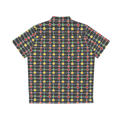 Geometric White Grid with Squares - Black 000000 - Men's Hawaiian Shirt (AOP)