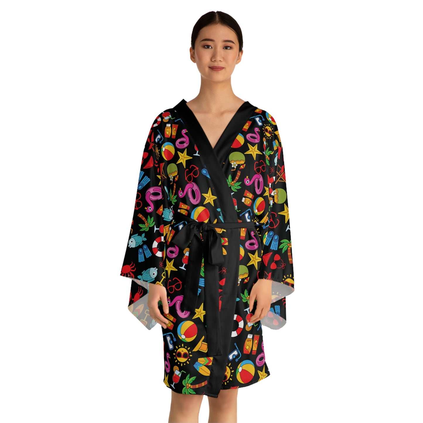 Summer Vibes - Black 000000 - Long Sleeve Kimono Robe (AOP)