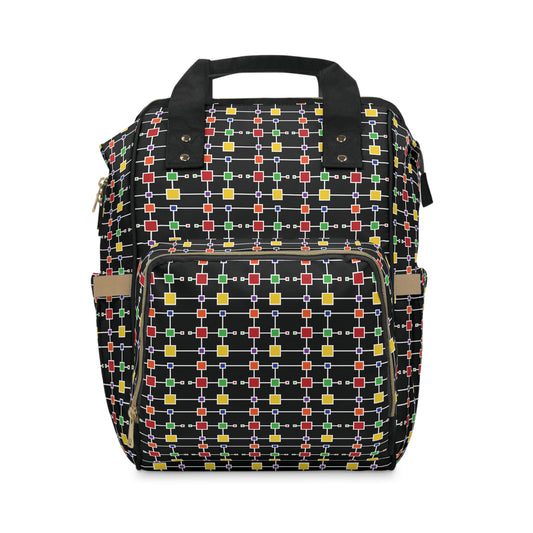 Geometric White Grid with Squares - Black 000000 - Multifunctional Diaper Backpack