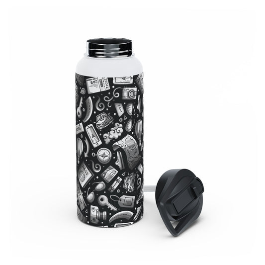 Travel Vibes - Gray on Black 000000 - Stainless Steel Water Bottle, Standard Lid
