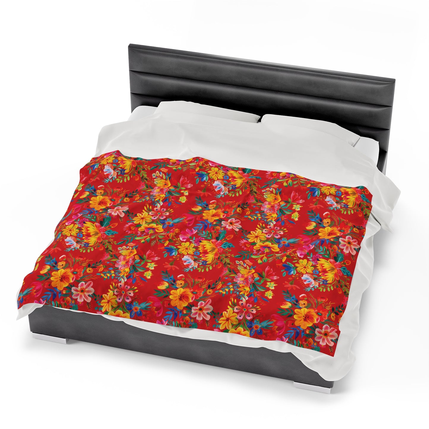 Velveteen Plush Blanket - Bright Bold Watercolor Flowers - Scarlet