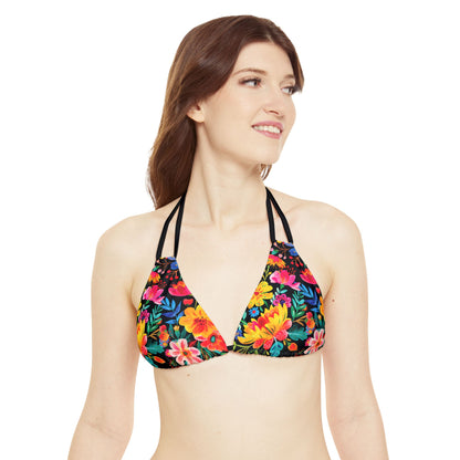 Bright Bold Watercolor Flowers - Black 000000 - Strappy Bikini Set