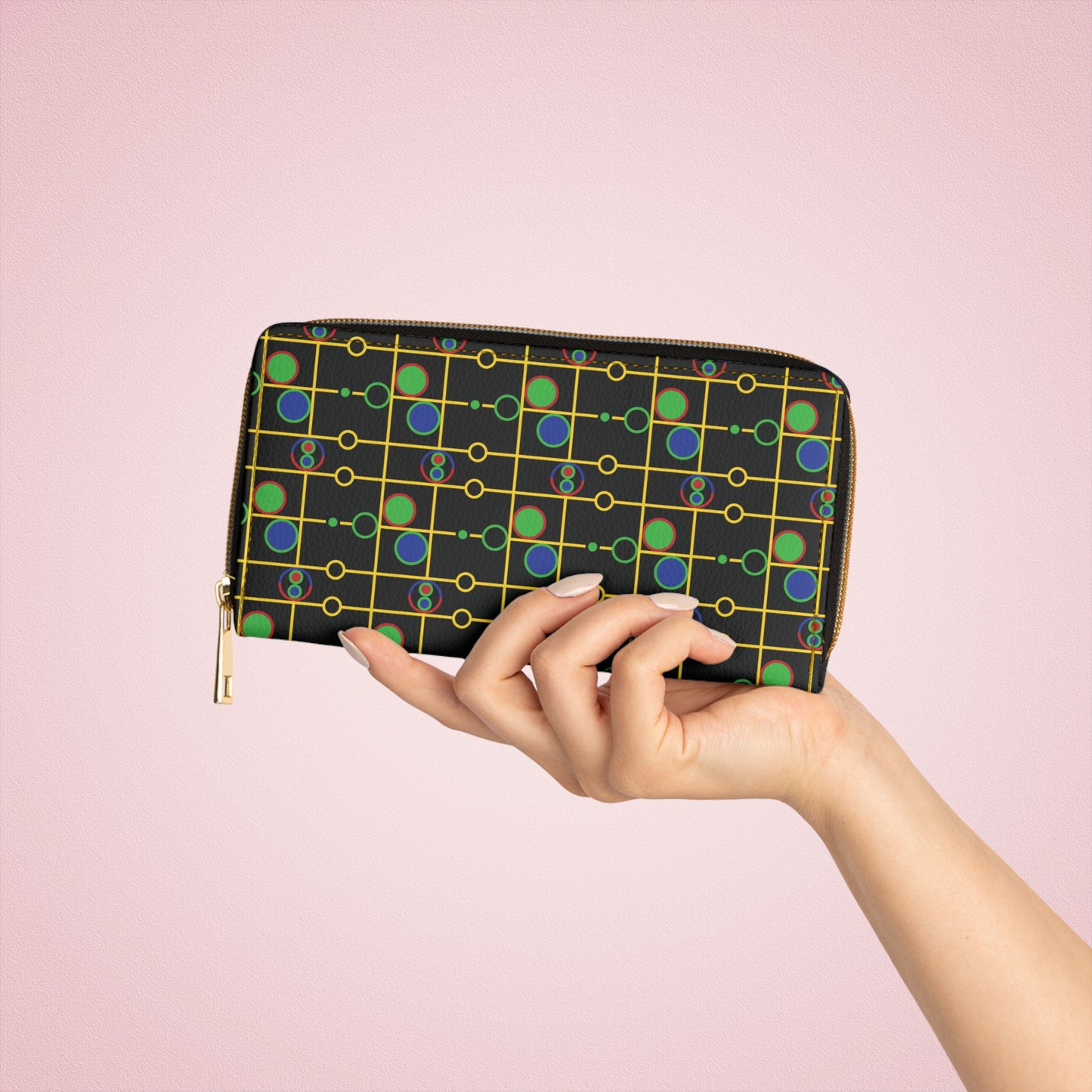 Geometric Yellow Grid with Circles - Black 000000 - Zipper Wallet