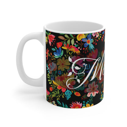 Meredith - Bright Bold Watercolor Flowers - Black 000000 - Mug 11oz