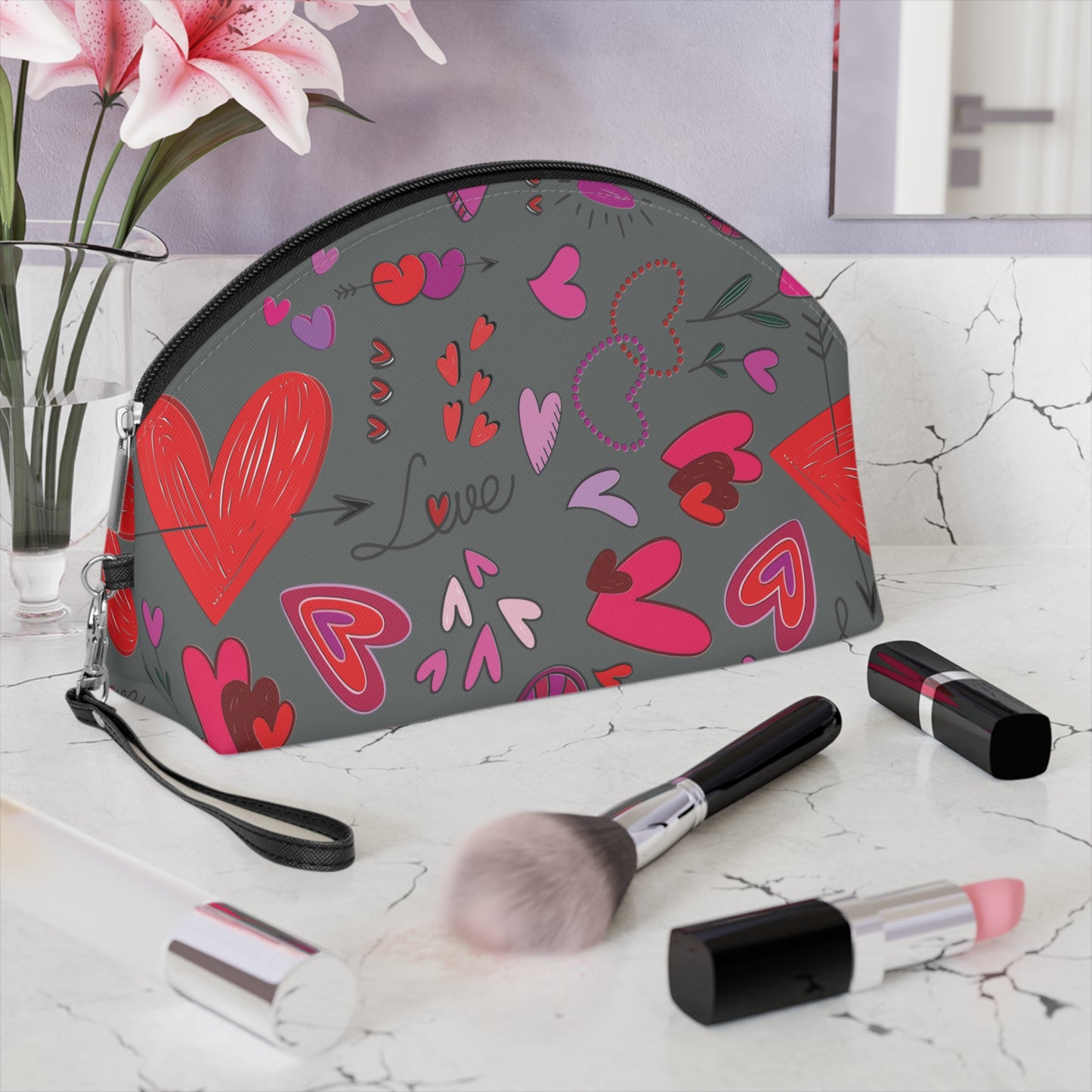 Heart Doodles - Dim Gray 646a6a - Makeup Bag