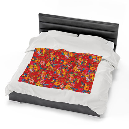 Velveteen Plush Blanket - Bright Bold Watercolor Flowers - Scarlet