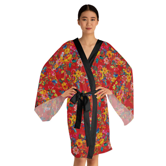 Bright Bold Watercolor Flowers - Scarlet de0000 - Long Sleeve Kimono Robe (AOP)