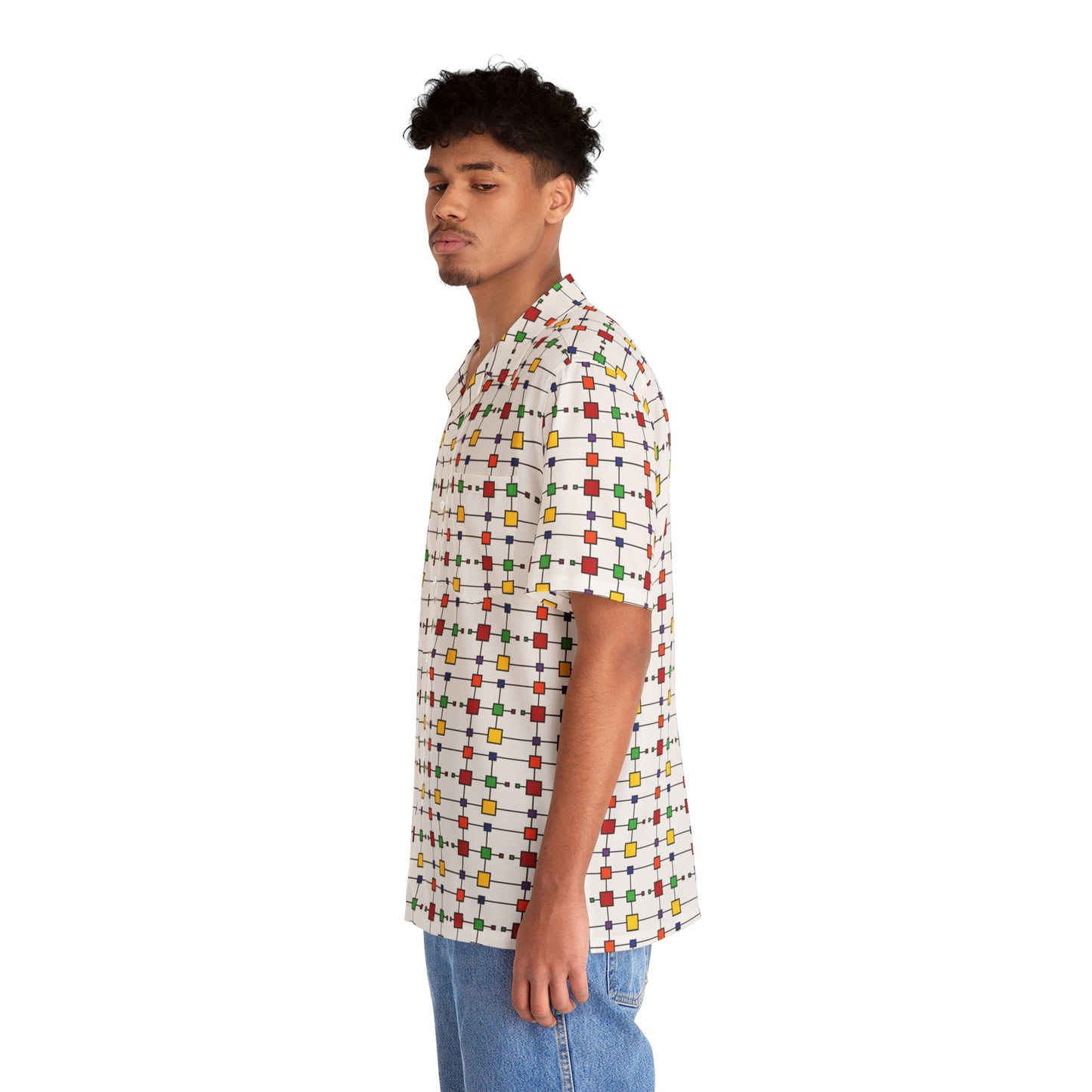 Geometric Black Grid with Squares - White ffffff - Men's Hawaiian Shirt (AOP)