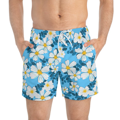 White Flowers on Blue - Swim Trunks