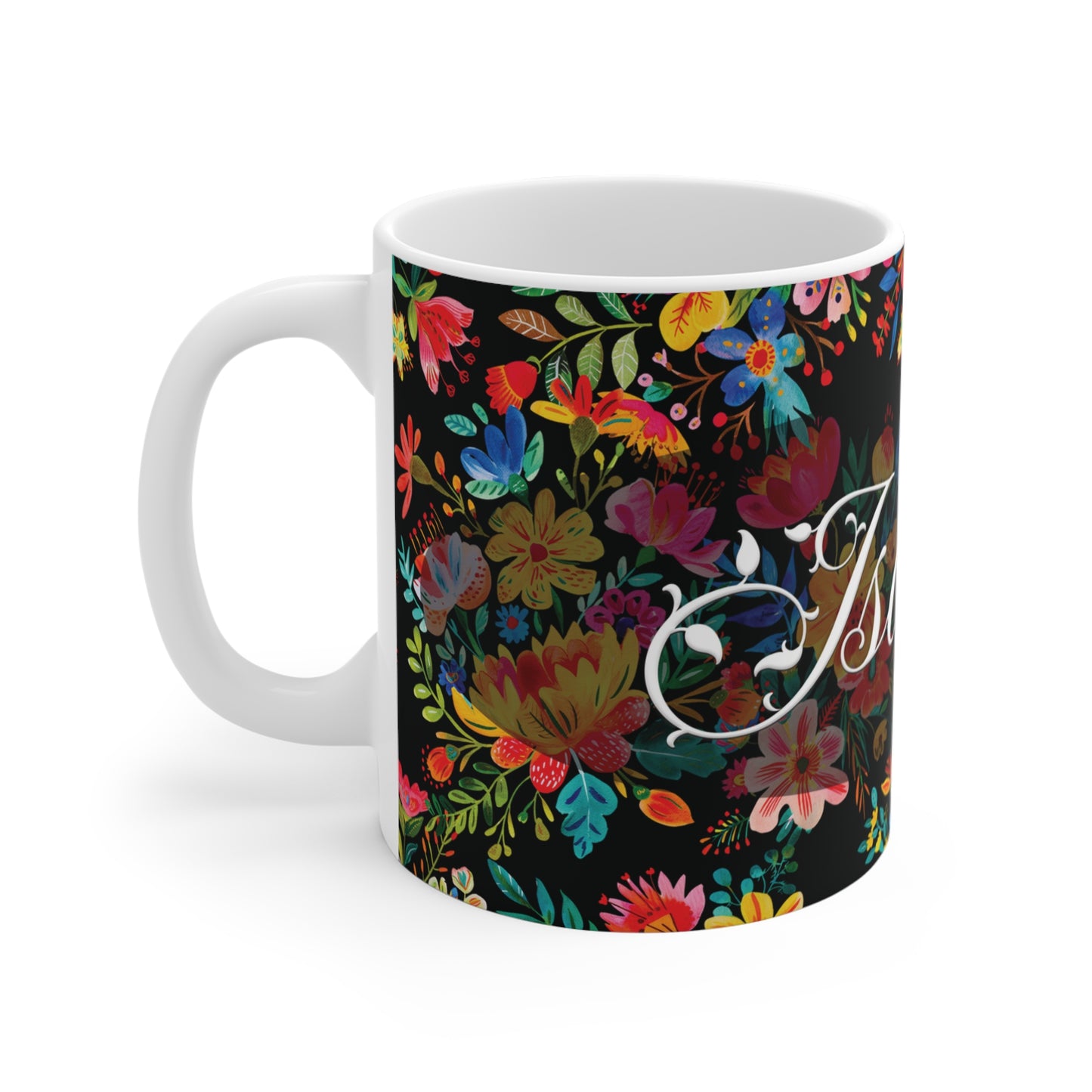 Isabella - Bright Bold Watercolor Flowers - Black 000000 - Mug 11oz