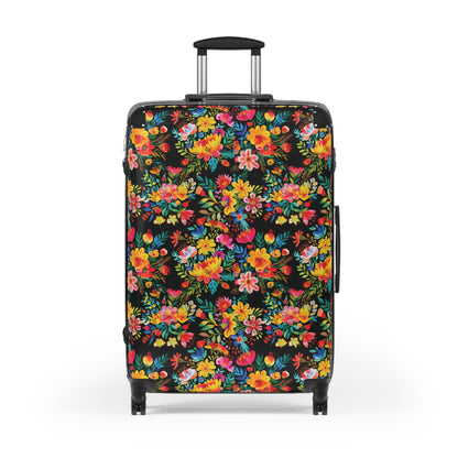 Bright Bold Watercolor Flowers - Black 000000 - Suitcase