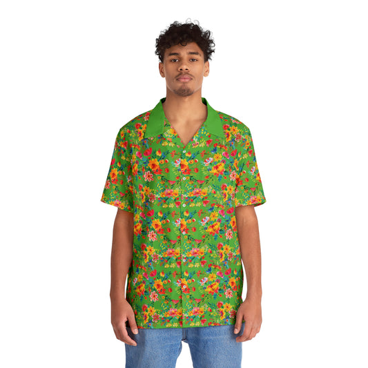 Bright Bold Watercolor Flowers - Bright Apple Green 56BD00 - Men's Hawaiian Shirt