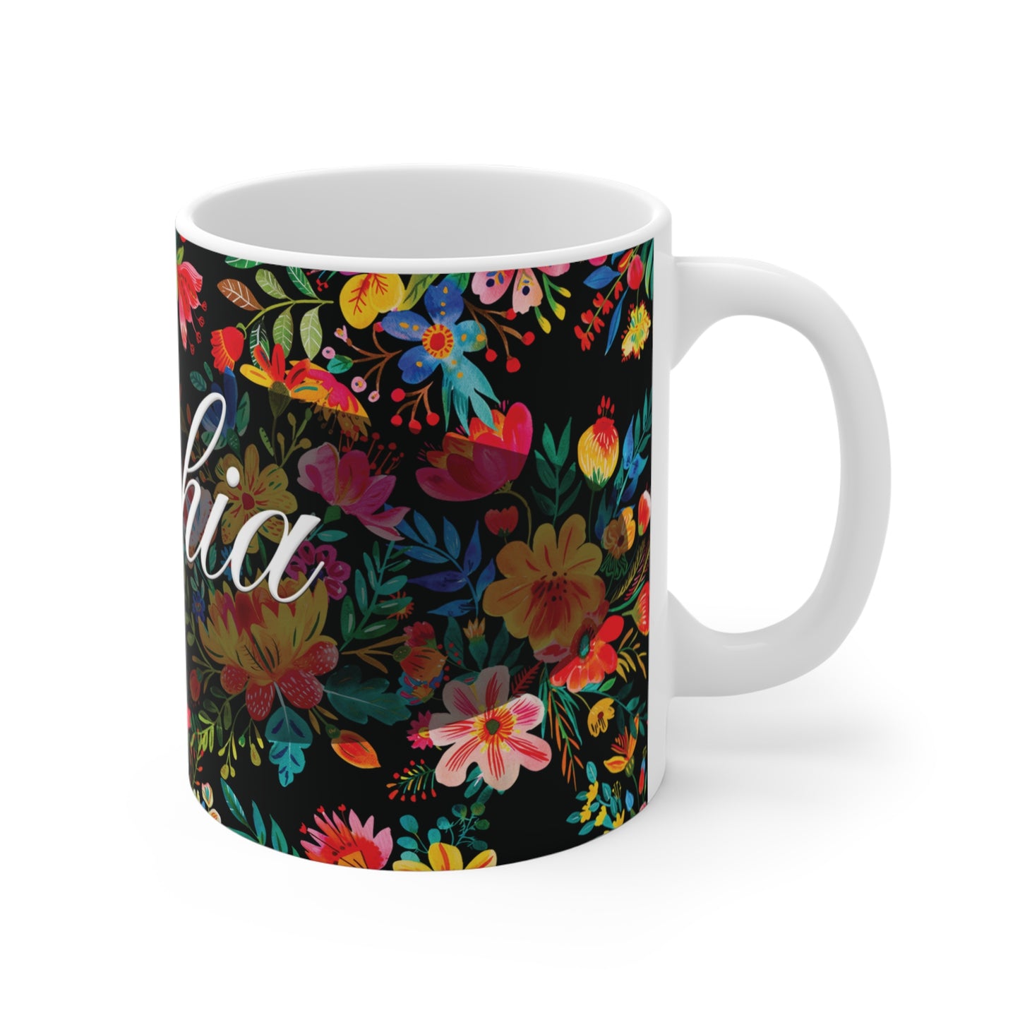 Sophia - Bright Bold Watercolor Flowers - Black 000000 - Mug 11oz