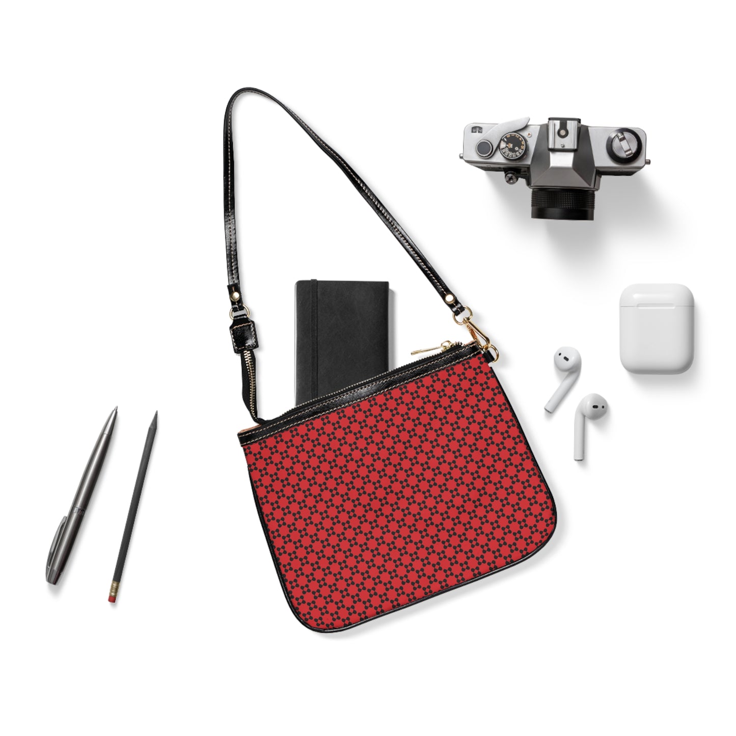 Pixel Petals - Black - Scarlet - Small Shoulder Bag