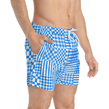 Blue and White Geometric Patchwork - Swim Trunks