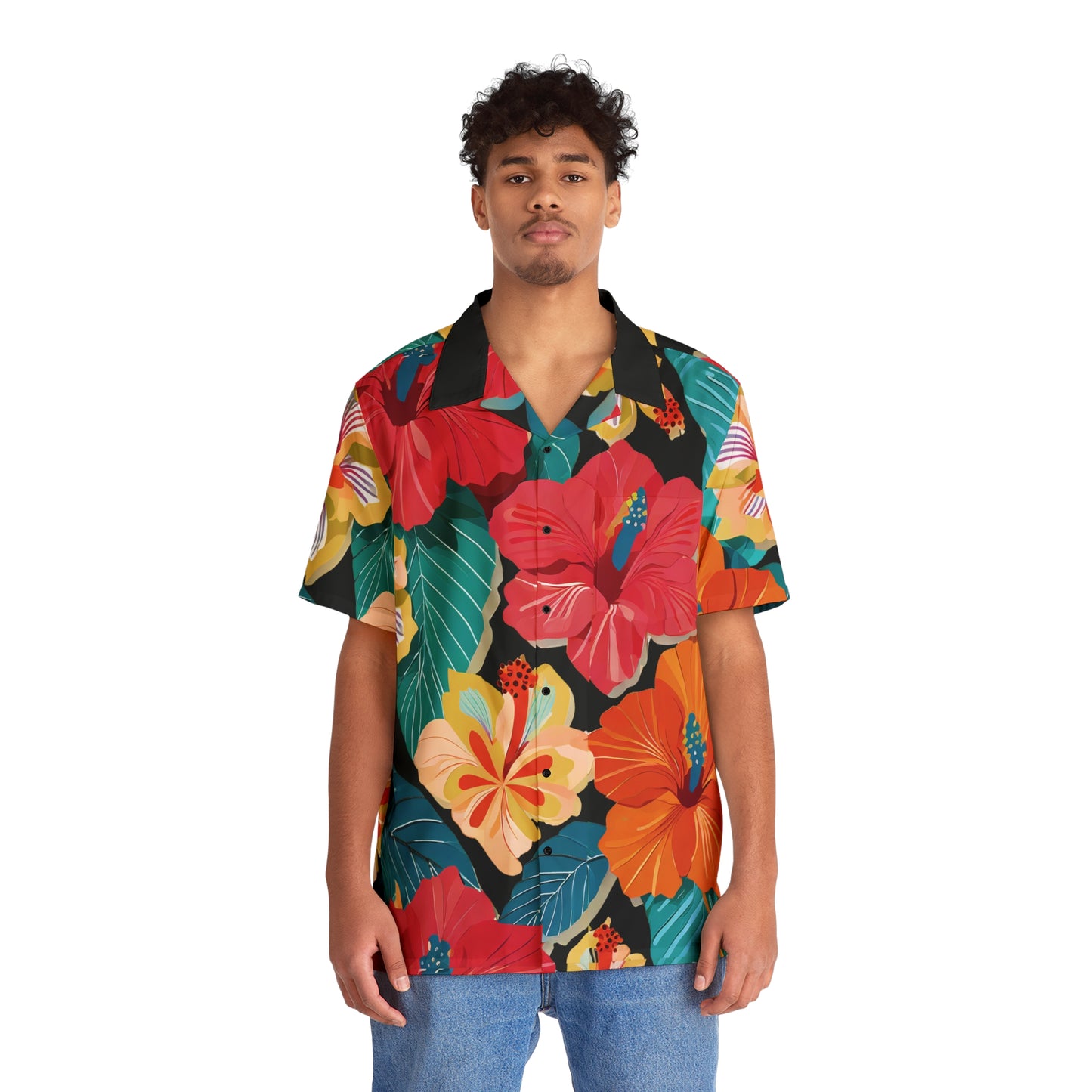 Hibiscus2 - Black 000000 - Men's Hawaiian Shirt