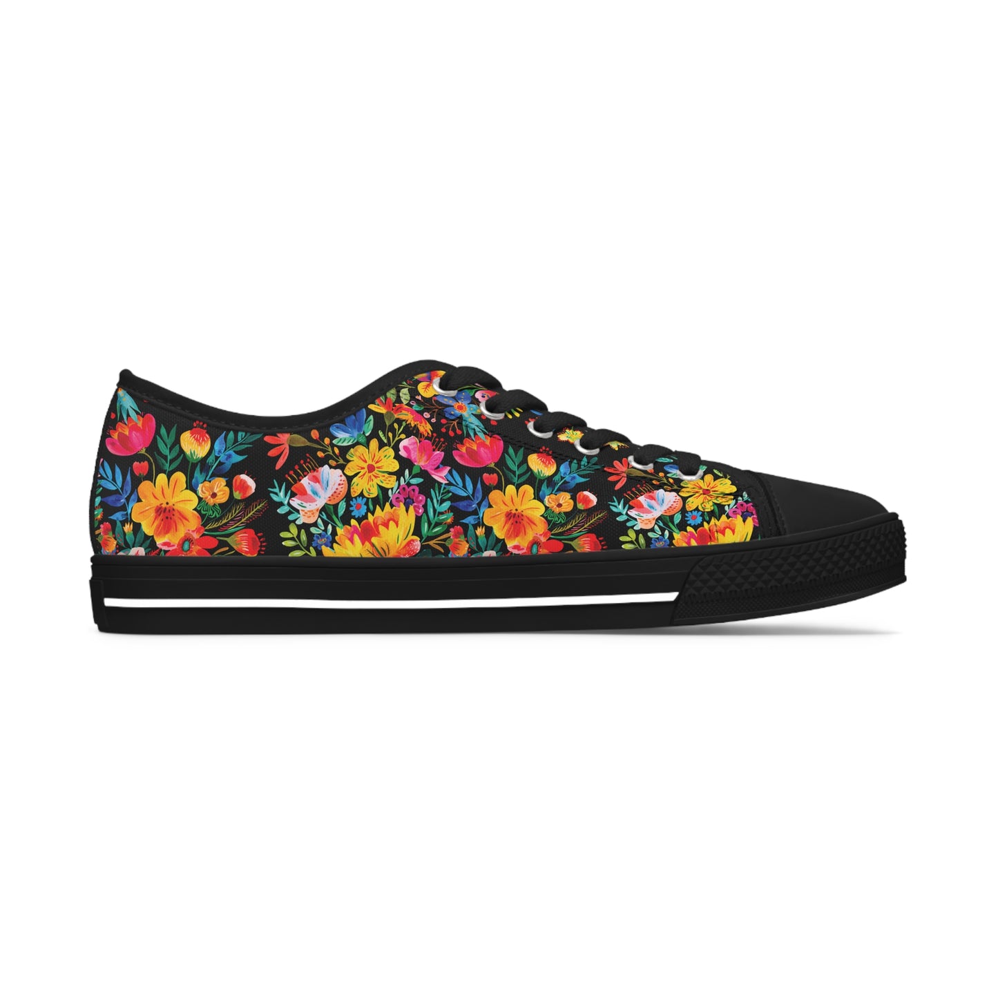 Bright Bold Watercolor Flowers - Black 000000 - Women's Low Top Sneakers