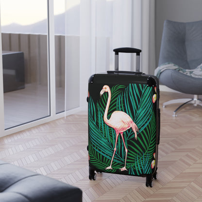 Suitcase - Flamingo in Palms and Plumeria Tropical pattern - Black