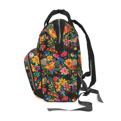 Bright Bold Watercolor Flowers - Black 000000  - Multifunctional Diaper Backpack