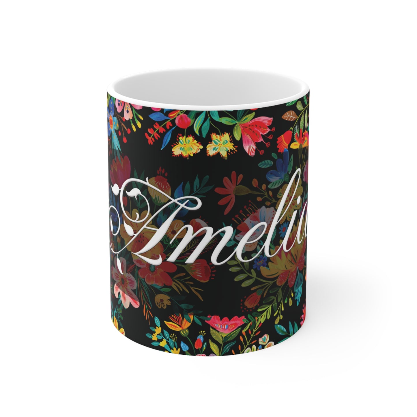 Amelia - Bright Bold Watercolor Flowers - Black 000000 - Mug 11oz