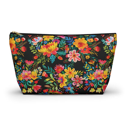 Bright Bold Watercolor Flowers - Black 000000 - Accessory Pouch w T-bottom