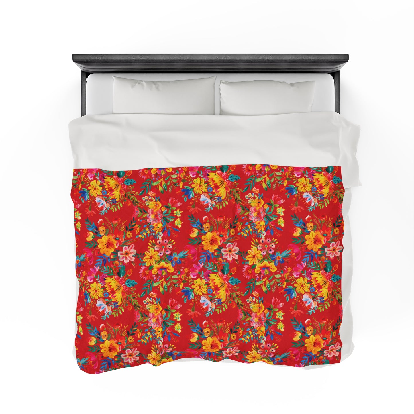 Velveteen Plush Blanket - Bright Bold Watercolor Flowers - Scarlet