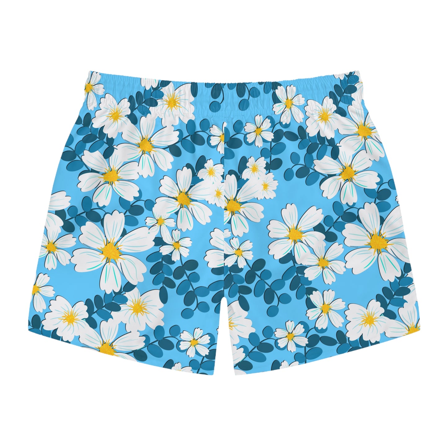 White Flowers on Blue - Swim Trunks