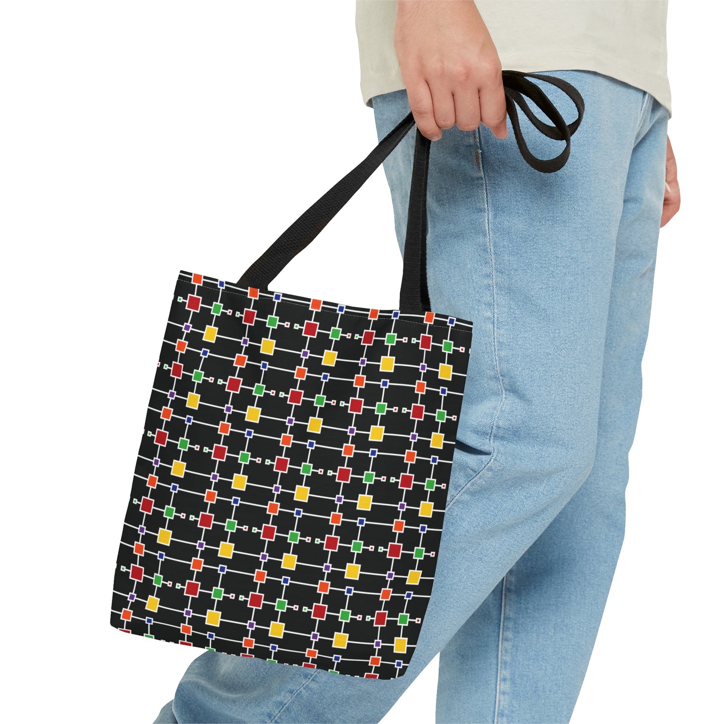 Geometric White Grid with Squares - Black 000000 - Tote Bag