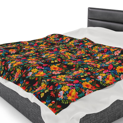 Bright Bold Watercolor Flowers - Black 000000 - Velveteen Plush Blanket