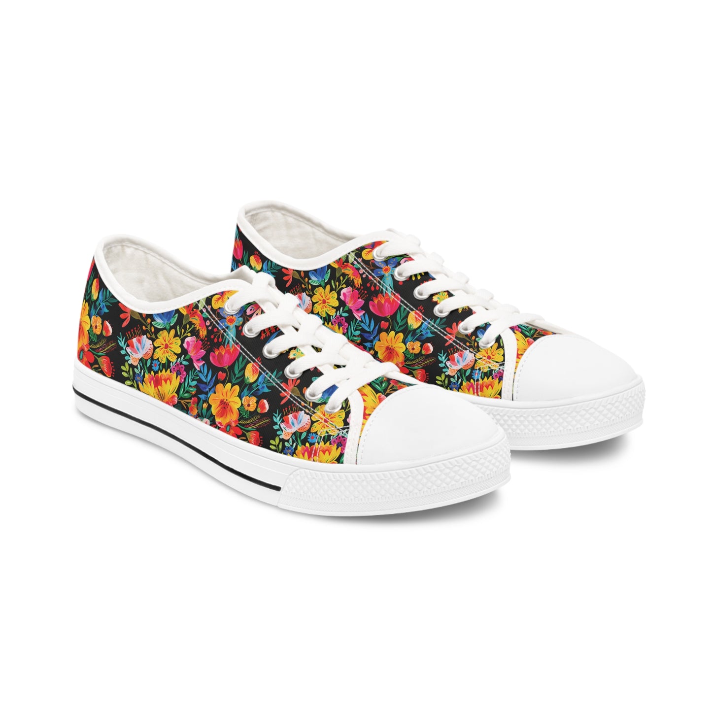 Bright Bold Watercolor Flowers - Black 000000 - Women's Low Top Sneakers